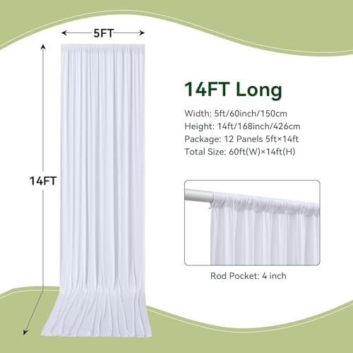 60×14 ft White Wrinkle Free Backdrop Curtain, Soft Silky Polyester Wedding Drapes 12 Panels 14ft Height Photo Backdrop Curtains for Parties Birthday Baby Shower Photography Background Cloth - Image 5
