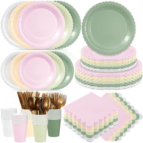 Zhehao 350 Pcs Pink and Green Party Plates Cups Napkins Set by Zhehao