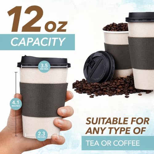Promora 12 oz Natural Cream Disposable Coffee Cups with Lids & Sleeves, Hot Coffee Cup Sleeves Disposable, Premium Insulated To Go Coffee Paper Cups with Lids & Sleeves (12 oz, Pack of 80) - Image 2