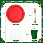 200pcs Red Green Gold Plastic Plates Party Supplies, Disposable 9’’ Red Dinner Plates and Napkins, Cups & Cutlery Plastic Dinnerware Set for Christmas, Holiday, Birthday, Serves 50 Guests - Image 2