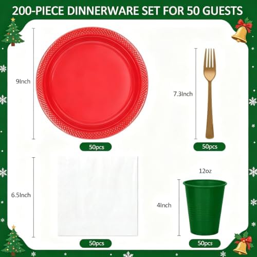 200pcs Red Green Gold Plastic Plates Party Supplies, Disposable 9’’ Red Dinner Plates and Napkins, Cups & Cutlery Plastic Dinnerware Set for Christmas, Holiday, Birthday, Serves 50 Guests - Image 2