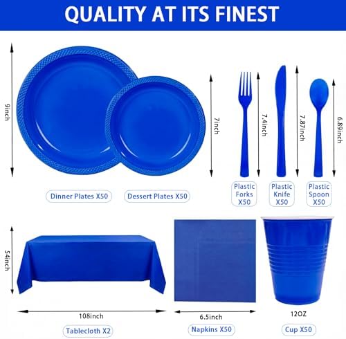 Tinybee 352 Pcs Blue Plastic Plates, Disposable Dinnerware Set for 50 - Image 2