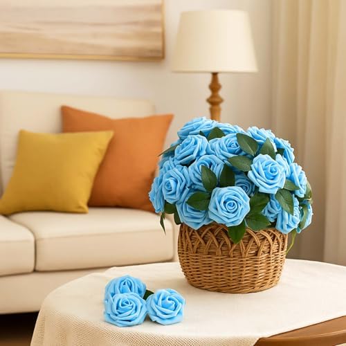 100 Pcs Artificial Foam Rose Flower Faux Bouquet Wedding Fake Rose Gift for Mother's Day Women DIY Bridal Shower Party Table Birthday Home Spring Decor (Light Blue) - Image 5