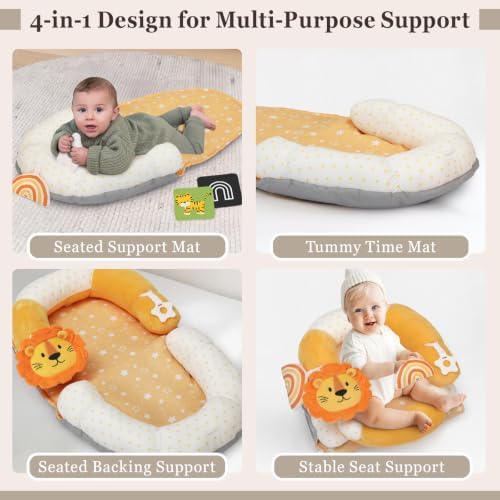 4 in 1 Tummy Time Mat with Educational Cards, Play Mat & Sitting Support for Newborn 0-12 Months, Infant Baby Sit Me Up Floor Seat, Sensory Skills Gifts, Lion - Image 3