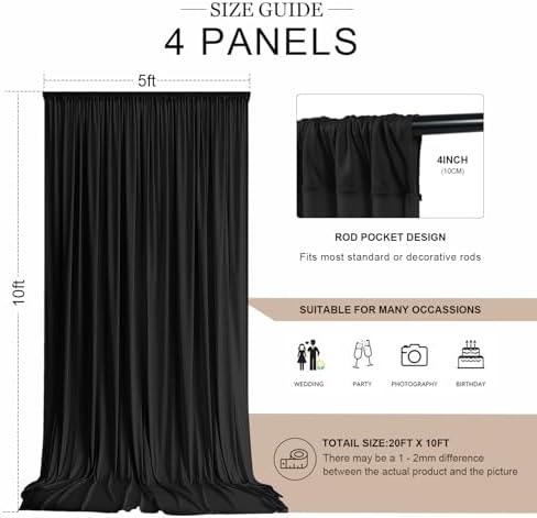 20 ft x 10 ft Wrinkle Free Black Backdrop Curtain for Parties, 4 Panels 10ft Polyester Black Photo Backdrop Drapes for Graduation Birthday Wedding Party Stage Curtains - Image 2
