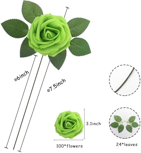 100Pcs Green Artificial Flowers Real Looking Foam Fake Roses, Rose Artificial Wedding Flowers Combo for Wedding Bouquets Centerpieces Flower Arrangements Decorations (Apple Green, 100) - Image 2
