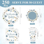 Pickmesh 250 Pcs Blue Floral Baby Shower Party Supplies Decorations Serve 50 Wildflower Welcome Baby Disposable Paper Plates Napkins and Cups for Birthday Babies Boy Shower Gender Reveal Party Decor - Image 3