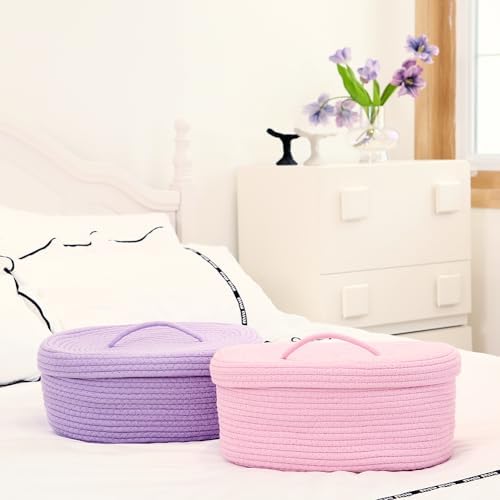 Sea Team Oval Storage Basket, Woven Cotton Rope Basket with Lid, Lavender - Image 3