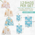 12 PCS Reusable gift bags with drawstring + 15 gift tags | Fabric gift bags in 3 Sizes | Gift wrapping alternative, storage bags, travel & party favor bags. 8th Ed. - Image 2