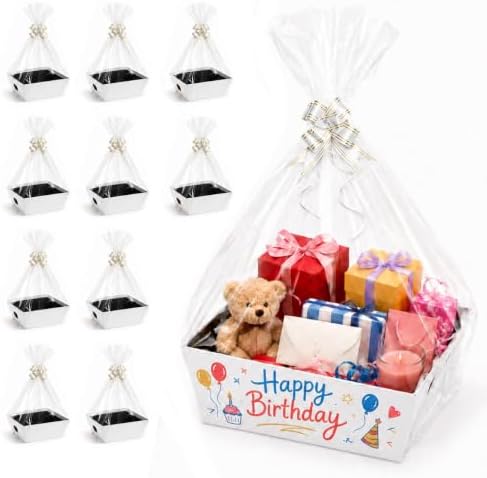 MAICOBI 10 Pack White Empty Gift Baskets with Clear Bags and Bows by MAICOBI