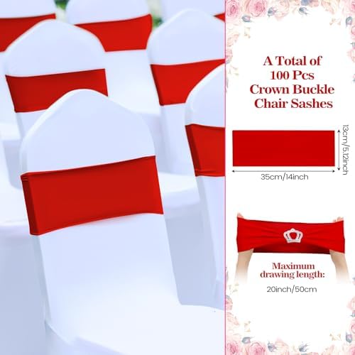 VitalCozy 100 Pcs Spandex Chair Sashes with Crown Buckle,Red - Image 2
