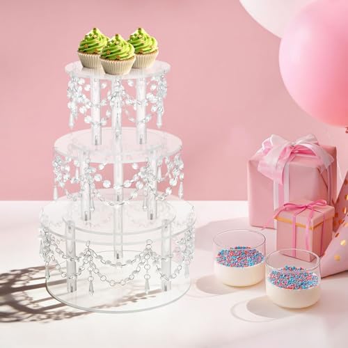 3Pcs Acrylic Cake Stand Set w/ Crystal Pendants,7.9/9.8/12.6 Inch - Image 3