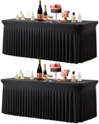 Black Table Cloth for 8 Foot Rectangle Tables Fitted Stretch Spandex Table Cover with Skirt 8ft Baby Shower Birthday Party Banquet Ruffle Tablecloth Wedding Table Cloths Desk Skirt, 2 Pack by LittleFunny