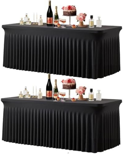 Black Table Cloth for 8 Foot Rectangle Tables Fitted Stretch Spandex Table Cover with Skirt 8ft Baby Shower Birthday Party Banquet Ruffle Tablecloth Wedding Table Cloths Desk Skirt, 2 Pack by LittleFunny