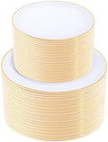 KIRE 200PCS Gold Plastic Plates - Disposable Plates for Party - White Plastic Plates with Gold Rim Include 100 for Dinner and 100 for Dessert/Salad in Wedding/Party/Summer by KIRE