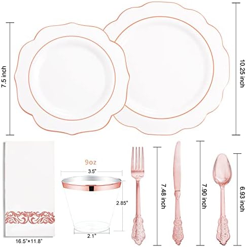 NOCCUR 175PCS Rose Gold Plastic Plates with Disposable Silverware - Include 25Dinner Plates, 25Dessert Plates, 25Forks, 25Knives, 25Spoons, 25Cups, 25Napkins for Party/Wedding/Birthday/Graduation - Image 3
