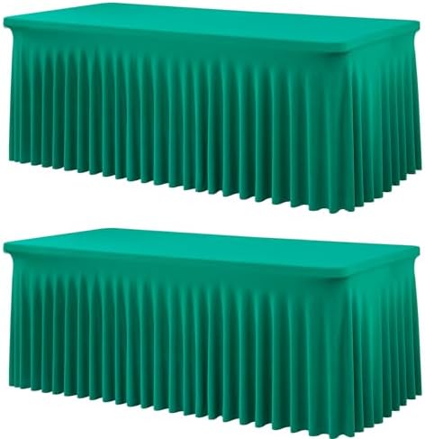 2 Pack Emerald Green Spandex Tablecloth for 6 Foot Rectangle Tables, Wrinkle Free Fitted Table Clothes Cover 6ft Green Stretchy Tablecloths with Skirt for Parties Weddings Birthday Banquet Baby Shower by Htper