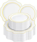 WDF 100PCS White and Gold Plastic Plates - Gold Disposable Plates - Include 50 Dinner & 50 Dessert Plate for Party - Heavy Duty Fancy Plastic Plate for Wedding/Bridal shower by WDF