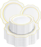WDF 100PCS White and Gold Plastic Plates - Gold Disposable Plates - Include 50 Dinner & 50 Dessert Plate for Party - Heavy Duty Fancy Plastic Plate for Wedding/Bridal shower by WDF