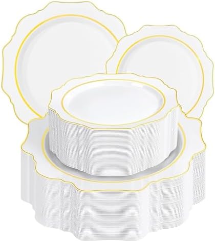 WDF 100PCS White and Gold Plastic Plates - Gold Disposable Plates - Include 50 Dinner & 50 Dessert Plate for Party - Heavy Duty Fancy Plastic Plate for Wedding/Bridal shower by WDF