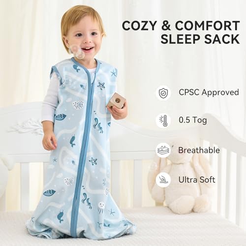 Yoofoss Baby Sleep Sack 6-12 Month 0.5TOG 100% Organic Cotton 2-Way Zipper - Image 2