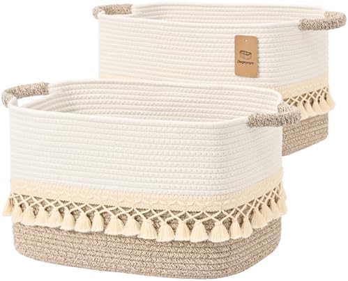 2 Pack Storage Basket for Shelves, Boho Cotton Rope Storage Bins with Heavy Tassel, Shelf Baskets Large Woven Baskets for Organizing, Cube Organizer Bins, Baby Laundry Basket for Clothes, Toys, Pets by Degeyoyo