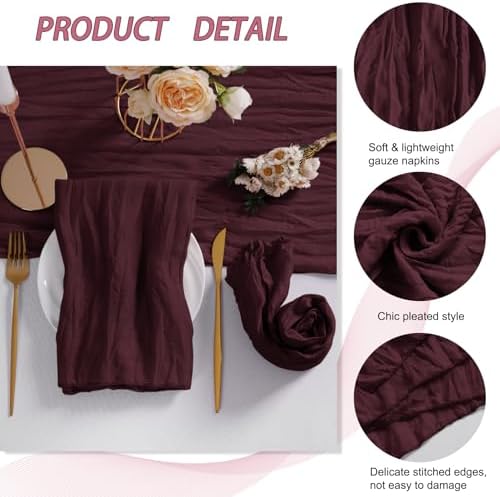 LZY 30 Pack Gauze Cheesecloth Napkins 20x20 Inch Dinner Cloth Napkins, Soft Boho Table Napkins Rustic Wrinkled Cheese Cloth Napkins Bulk for Wedding Party Baby Shower Event Decor (Burgundy) - Image 4