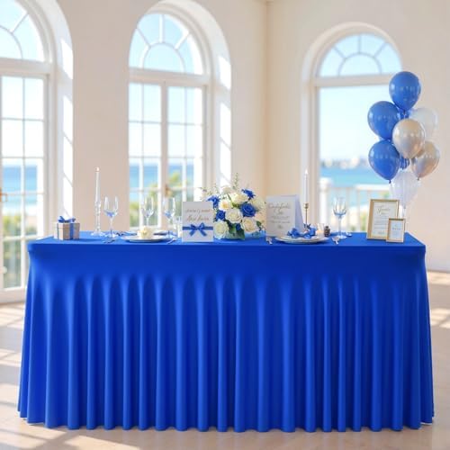 Royal Blue Table Cloth for 6 Foot Rectangle Tables Fitted Stretch Spandex Table Cover with Skirt 6ft Baby Shower Birthday Party Banquet Ruffle Tablecloth Wedding Table Cloths Desk Skirt by LittleFunny