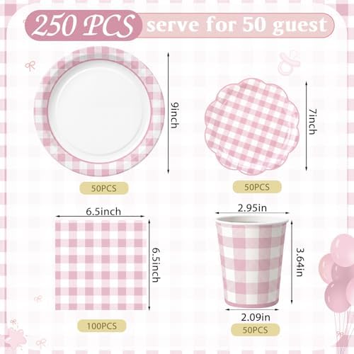 Funnymoom 250 Pcs Pink Gingham Paper Plates and Napkins Party Supplies - Image 3