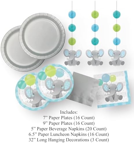 Elephant Baby Shower Party Supplies Set, Blue and Mint, 16 Guests, with Plates, Napkins and Hanging Decorations - Image 2