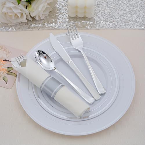 100 Pack Pre Rolled Silver Plastic Silverware Set with Napkins,Disposable Wrapped Heavy Duty Cutlery Set for Wedding Birthday Party-100 Forks,Knives,Spoon,Utensils Set,Plasticware Bulk - Image 5