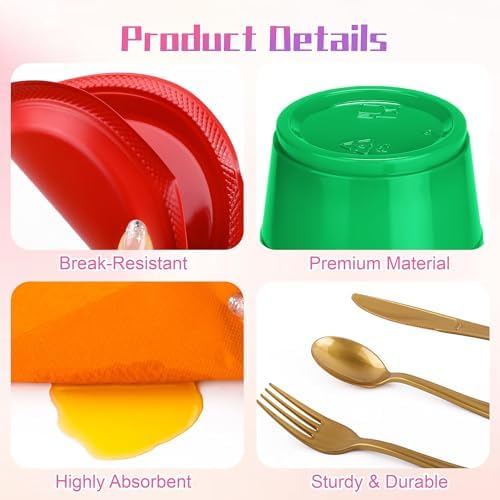 Aodaer 200 Pieces Colorful Dinnerware Set, Disposable Party Supplies Include 7/9 Inch Yellow Red Plastic Plates Green Cups Cutlery Napkins for Rainbow Birthday Party Decor, Serve 25 Guest - Image 3