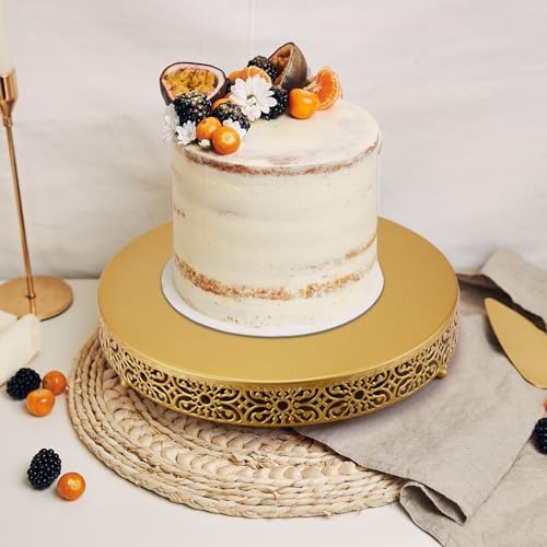 Wenqik 14 Inch Cake Stand, Metal Round Cake Stands Set with Modern Design White Dessert Display Cupcake Stands Plates Fruit Serving Tray for Wedding Birthday Baby Shower Party (Gold) - Image 5