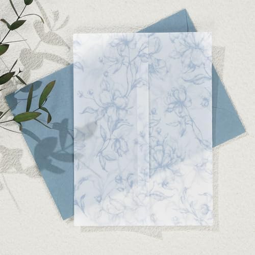 UNIQOOO 100 Pack Pre-Folded Dusty Blue Grace Bloom Vellum Jackets for 5x7 Invitations, 115GSM Transparent Vellum Jacket for Vintage Themed Wedding & Events - Image 2