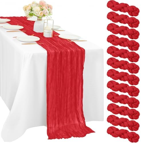 Red 12 Pieces 35 x 120 Inches Long Cheesecloth Table Runner Gauze Fabric 10Ft Boho Table Runner Rustic Sheer Runner for Wedding Baby Bridal Shower Birthday Holiday Party Table Arbor Decor (Red) by Sunnyline