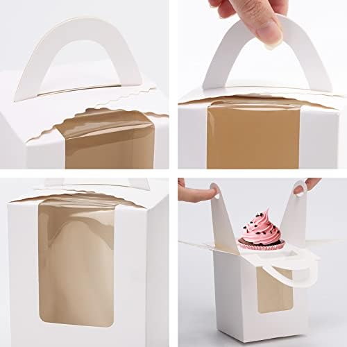 acDesign 100Pcs Cupcake Boxes With Window 3.6in*3.6in*4.3in Cupcake Carrier Individual With Handle and Inserts for Wedding Bakery Wrapping Party Favor Packing(White) - Image 3