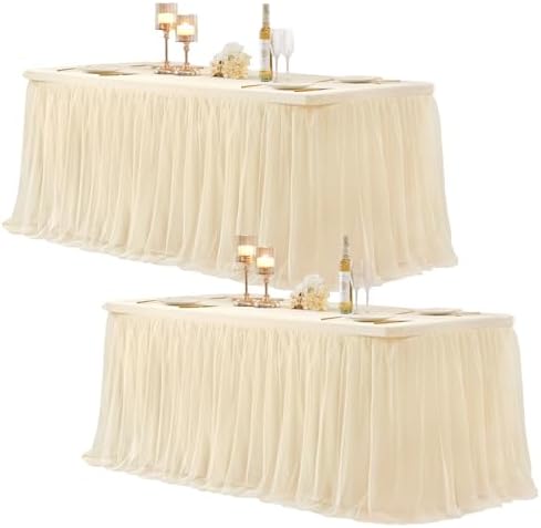 Champagne Tablecloth for 8 Foot Rectangle Tables, Ruffle Tulle Table Skirt for Rectangle Table 8ft Tables Cover Fitted Banquet Birthday Party Wedding Tablecloth Elastic Stretch by LittleFunny