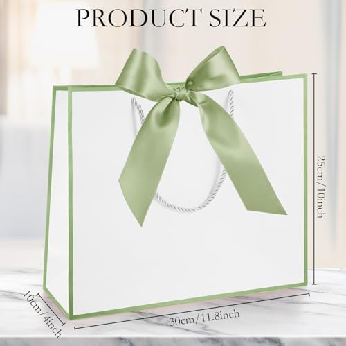 Silkfly 24 Pcs Paper Gift Bags with Handles & Bow Ribbon, White, Sage Green - Image 2