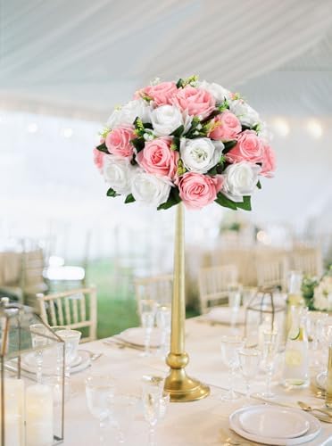 Briful Fake Floral Balls for Centerpieces - 2PCS 11.8" Large Faux Rose Flower Arrangement Silk Flower Bouquet for Home Wedding Party Anniversary Table Vase Flower Stand Decor(White Pink) - Image 4