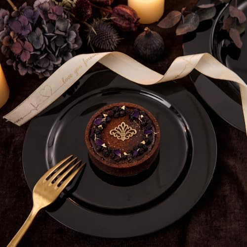 FLOWERCAT 100PCS Black Plastic Plates - Heavy Duty Black Disposable Plates for Birthday Party/Wedding/Halloween- serve 50guests 10 inch and 7 inch Set - Image 6