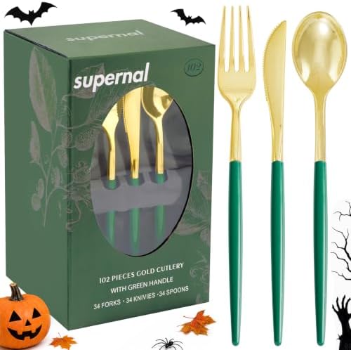 Supernal 102Pcs Gold Green Disposable Plastic Cutlery Set For Party Events by supernal