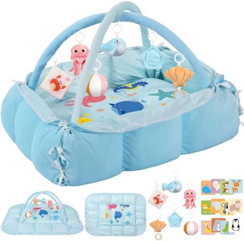 5-in-1 Tummy Time Mat Baby Activity Gym with Cartoon Pattern, Extra Thick Plush Play Floor Mat, Featuring Hanging Toys, Ocean by Unknown