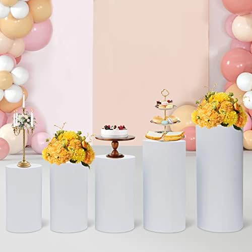 5-Piece Metal Cylinder Pedestal Stand Set - White Round Cake Display for Weddings/Birthdays, Reusable Party Decor with Floor-Standing Pillars & Plinths (5Pcs) - Image 4