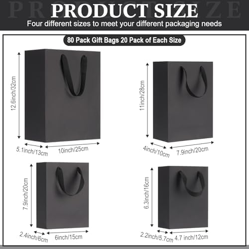 PerKoop 80 Pack Kraft Gift Bags with Handles 4 Sizes,Vertical,Black - Image 2