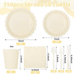 LIYH 350 Pcs Ivory Paper Plates and Napkins 50 Guest Cream Party Supplies Include Ivory Scalloped Disposable Paper Plates Cocktail Napkins Cups Spoons Forks Knives for Baby Shower,Birthday - Image 2