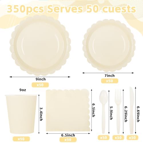 LIYH 350 Pcs Ivory Paper Plates and Napkins 50 Guest Cream Party Supplies Include Ivory Scalloped Disposable Paper Plates Cocktail Napkins Cups Spoons Forks Knives for Baby Shower,Birthday - Image 2