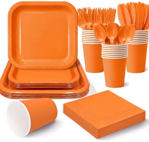 Vyntra 350 Pcs Orange Square Paper Plates and Napkins Set, Serves 50 by PartyTablewareSupplies
