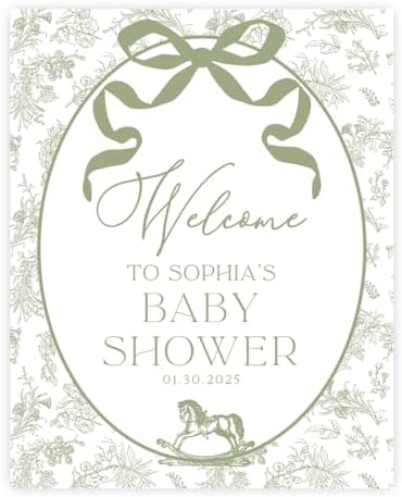 Andaz Press Personalized Sage Green Toile de Jouy Baby Shower Decorations, Toile De Jouy Baby Shower Welcome Sign, Tea Party Decor, Elegant French Vintage Lace Chinoiserie Party Supplies, 16x20 Inches by AndazPress