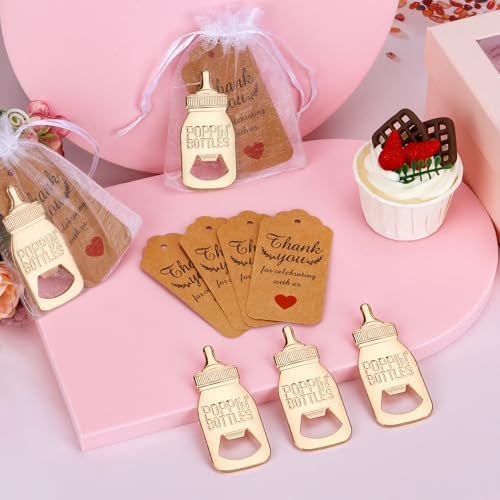 50Pcs Popping Bottle Openers Baby Shower Party Favors For Guests Baby Shower Return Favors Baby Bottle Shaped Bottle Opener Baby Shower Souvenirs With Organza Bags Thank You Cards, small, Gold - Image 4