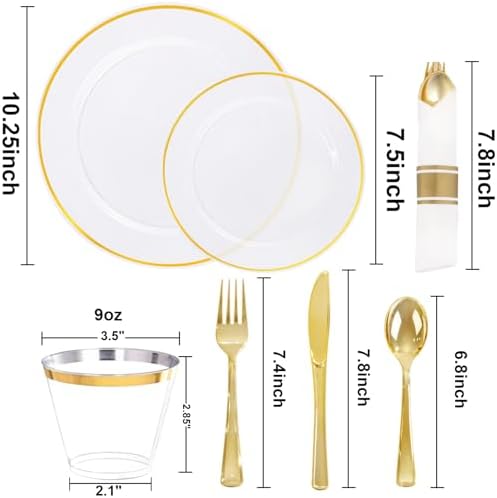 SUT 350 Pcs Gold and Clear Plastic Dinnerware Set for 50 Guests, Include: 50 Dinner Plates, 50 Dessert Plates, 50 Pre Rolled Napkins With Silverware, 50 Cups, Disposable Plates for Party, Wedding - Image 2